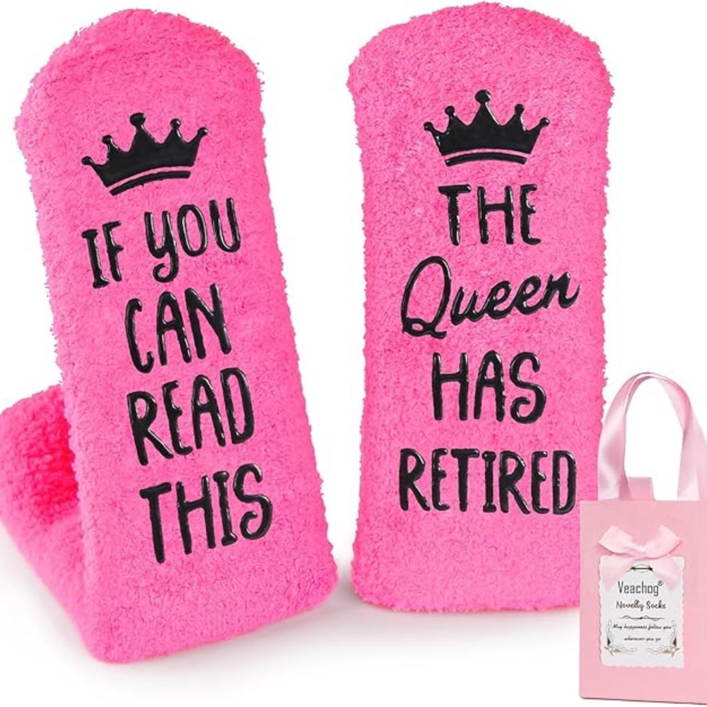 Women’s Pink Fuzzy Novelty Socks “The Queen Has Retired” Gift
